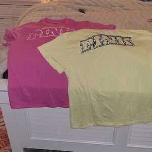 2)PINK Victoria's Secret Girls' Short Sleeve Logo Tees in Hot Pink & Pale Yellow